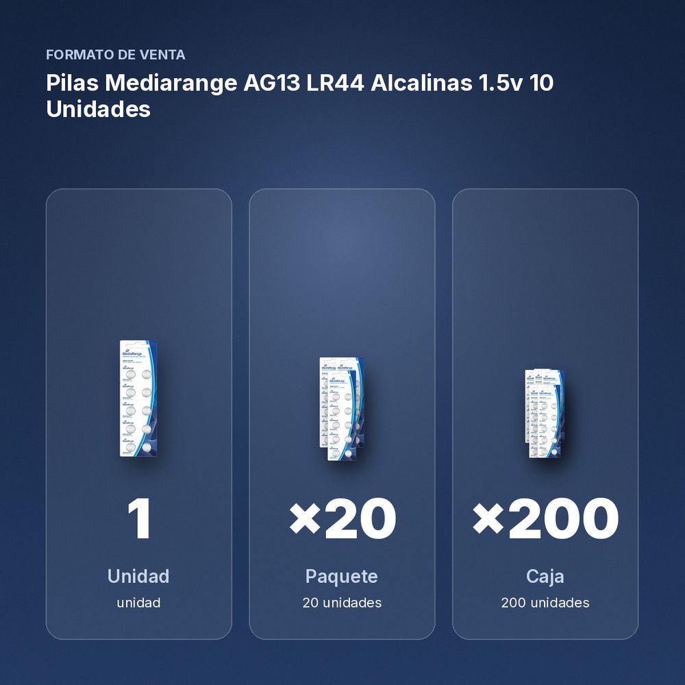 PILAS MEDIARANGE AG13 LR44 ALCALINAS 1.5V 10 UNIDADES - formato de venta: paquete de 20, caja de 200