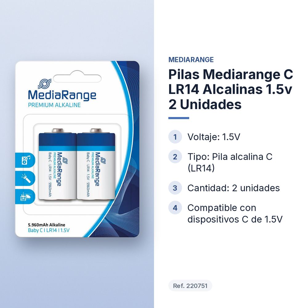 PILAS MEDIARANGE C LR14 ALCALINAS 1.5V 2 UNIDADES - características principales