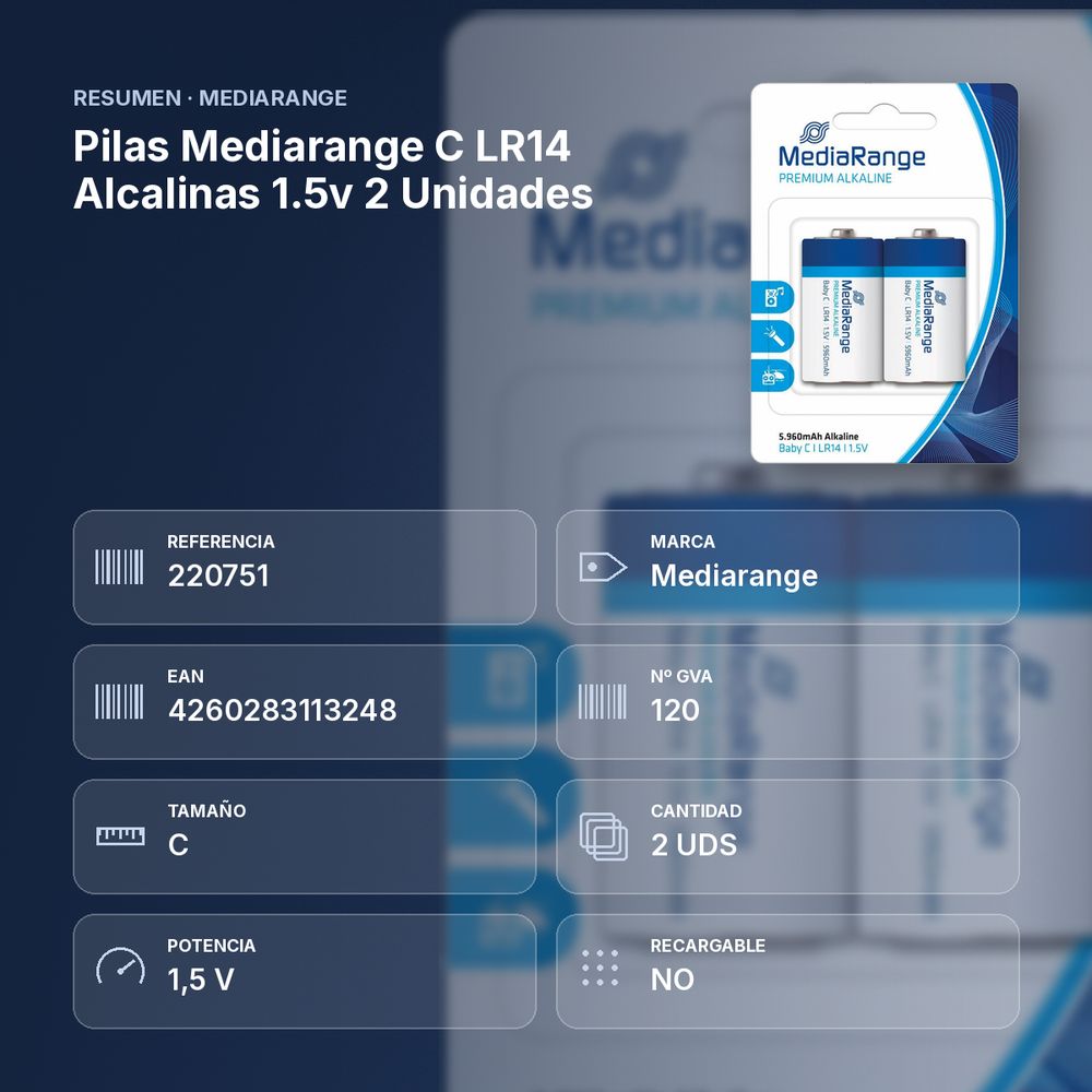 PILAS MEDIARANGE C LR14 ALCALINAS 1.5V 2 UNIDADES - resumen de atributos