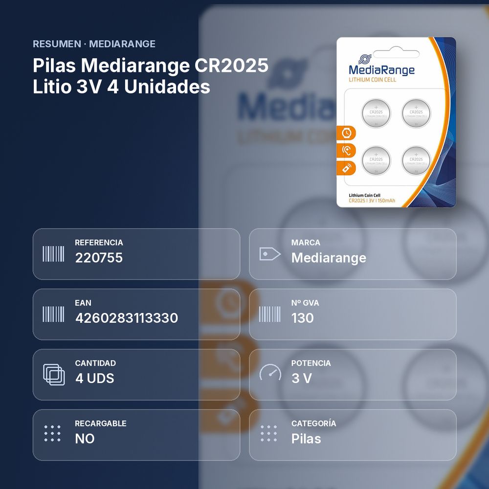 PILAS MEDIARANGE CR2025 LITIO 3V 4 UNIDADES - resumen de atributos