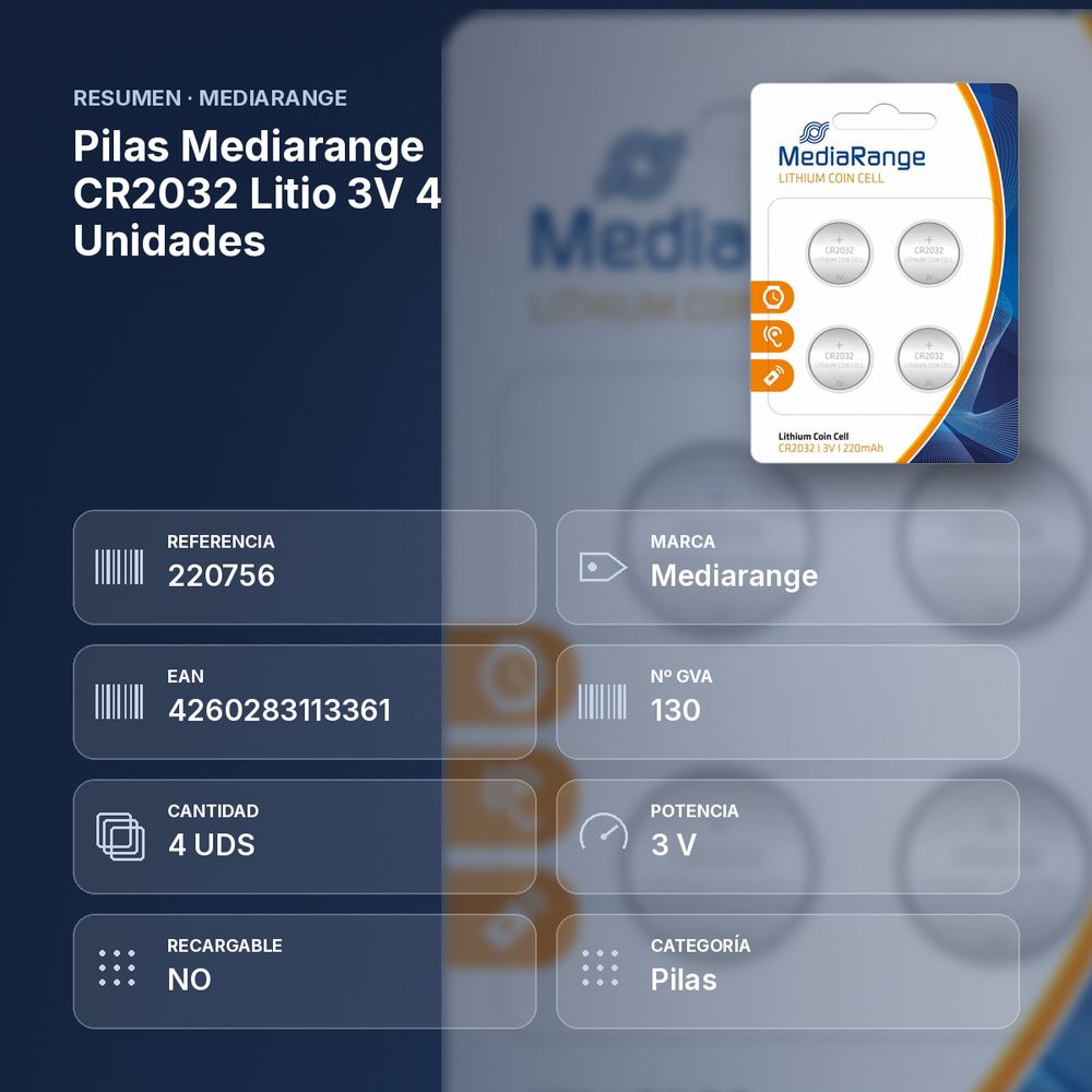 PILAS MEDIARANGE CR2032 LITIO 3V 4 UNIDADES - resumen de atributos