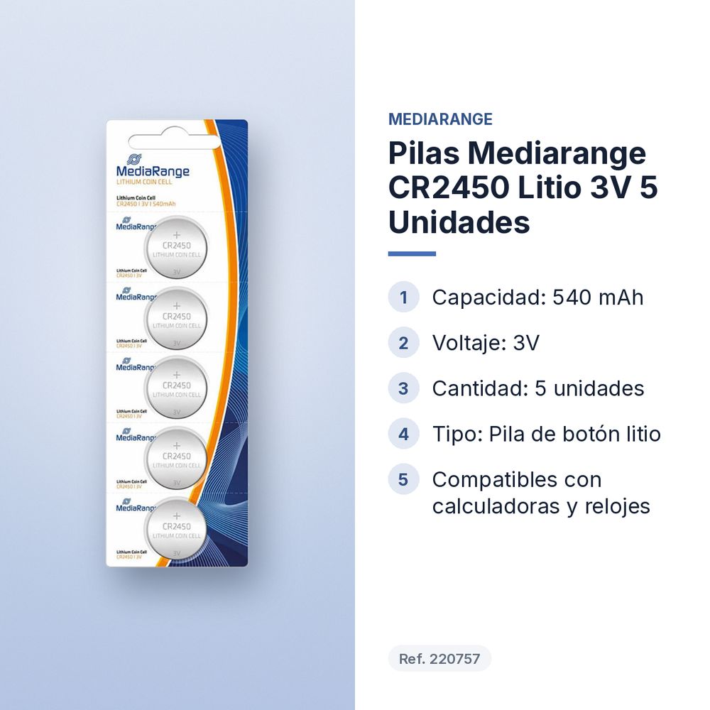 PILAS MEDIARANGE CR2450 LITIO 3V 5 UNIDADES - características principales