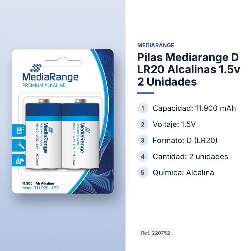 PILAS MEDIARANGE D LR20 ALCALINAS 1.5V 2 UNIDADES - características principales