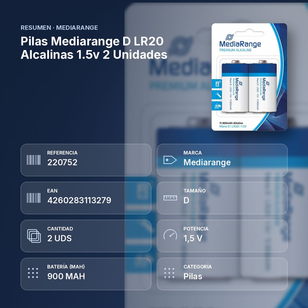 PILAS MEDIARANGE D LR20 ALCALINAS 1.5V 2 UNIDADES - resumen de atributos