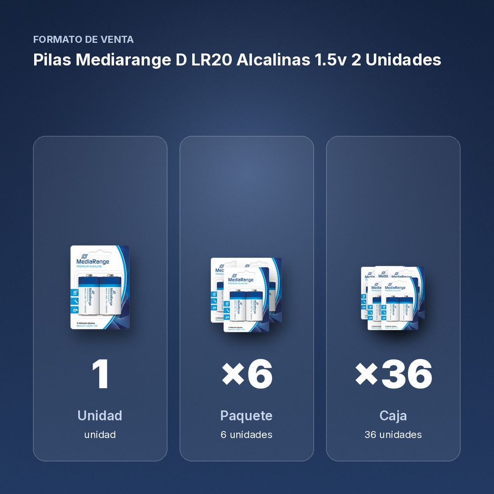 PILAS MEDIARANGE D LR20 ALCALINAS 1.5V 2 UNIDADES - formato de venta: paquete de 6, caja de 36