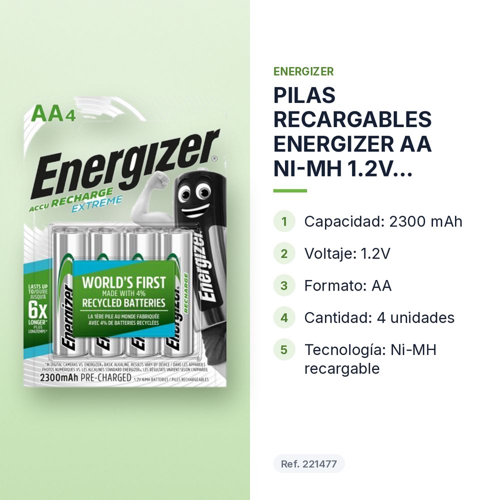 PILAS RECARGABLES ENERGIZER AA NI-MH 1.2V 2300mAh 4 UNIDADES - características principales