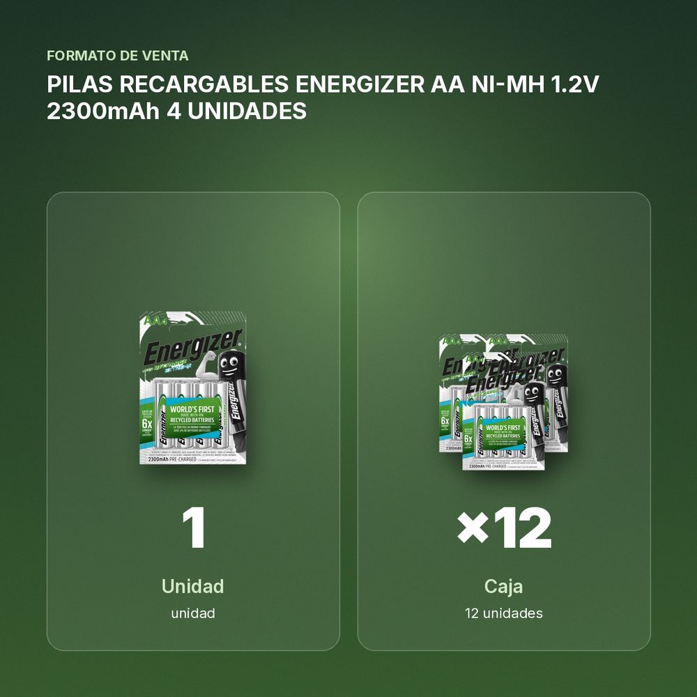 PILAS RECARGABLES ENERGIZER AA NI-MH 1.2V 2300mAh 4 UNIDADES - formato de venta: caja de 12