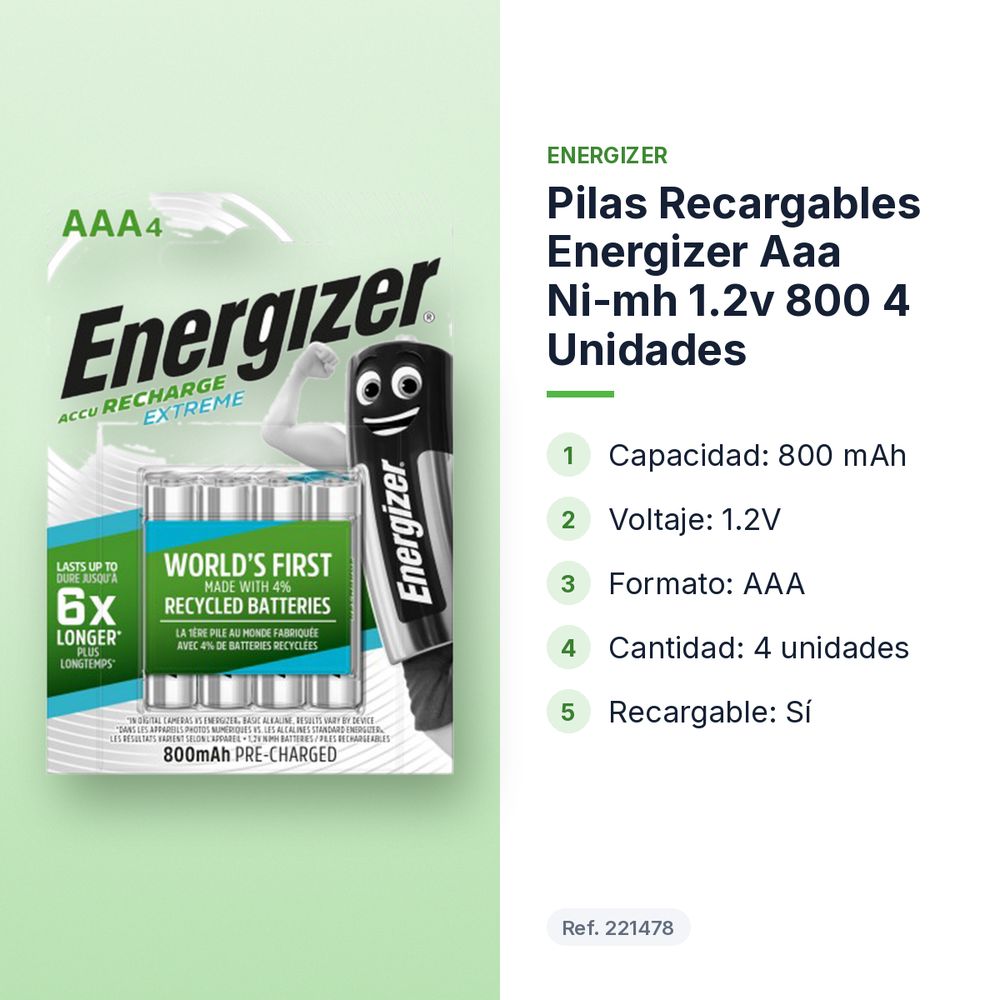 PILAS RECARGABLES ENERGIZER AAA NI-MH 1.2V 800 4 UNIDADES - características principales