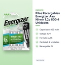 PILAS RECARGABLES ENERGIZER AAA NI-MH 1.2V 800 4 UNIDADES - características principales
