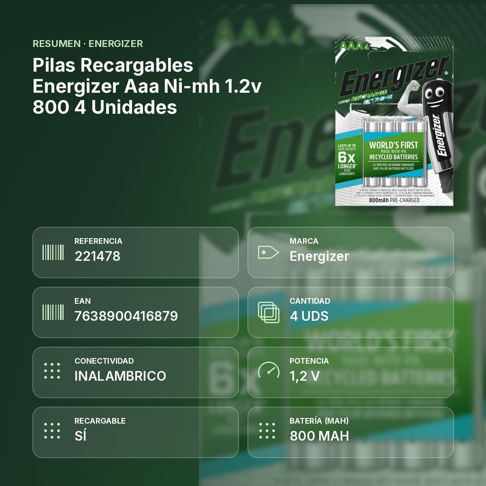 PILAS RECARGABLES ENERGIZER AAA NI-MH 1.2V 800 4 UNIDADES - resumen de atributos