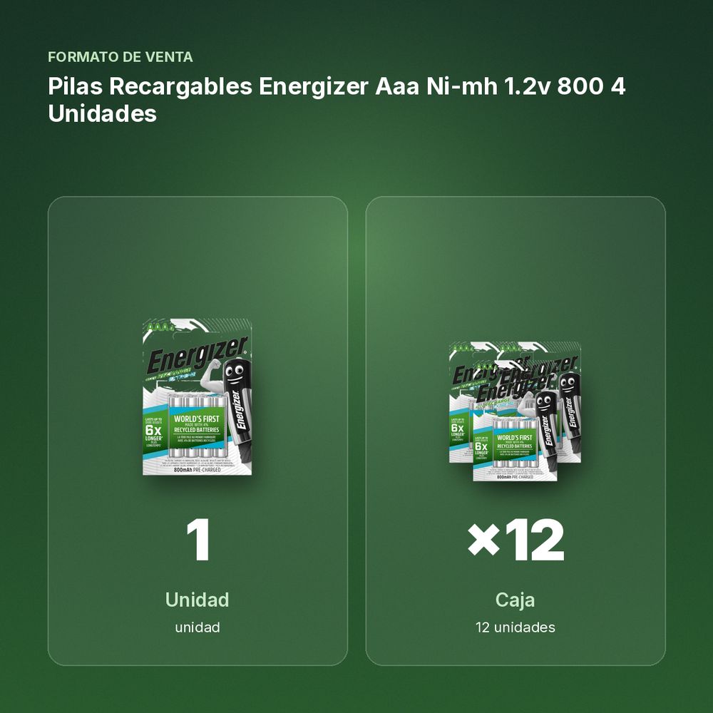 PILAS RECARGABLES ENERGIZER AAA NI-MH 1.2V 800 4 UNIDADES - formato de venta: caja de 12