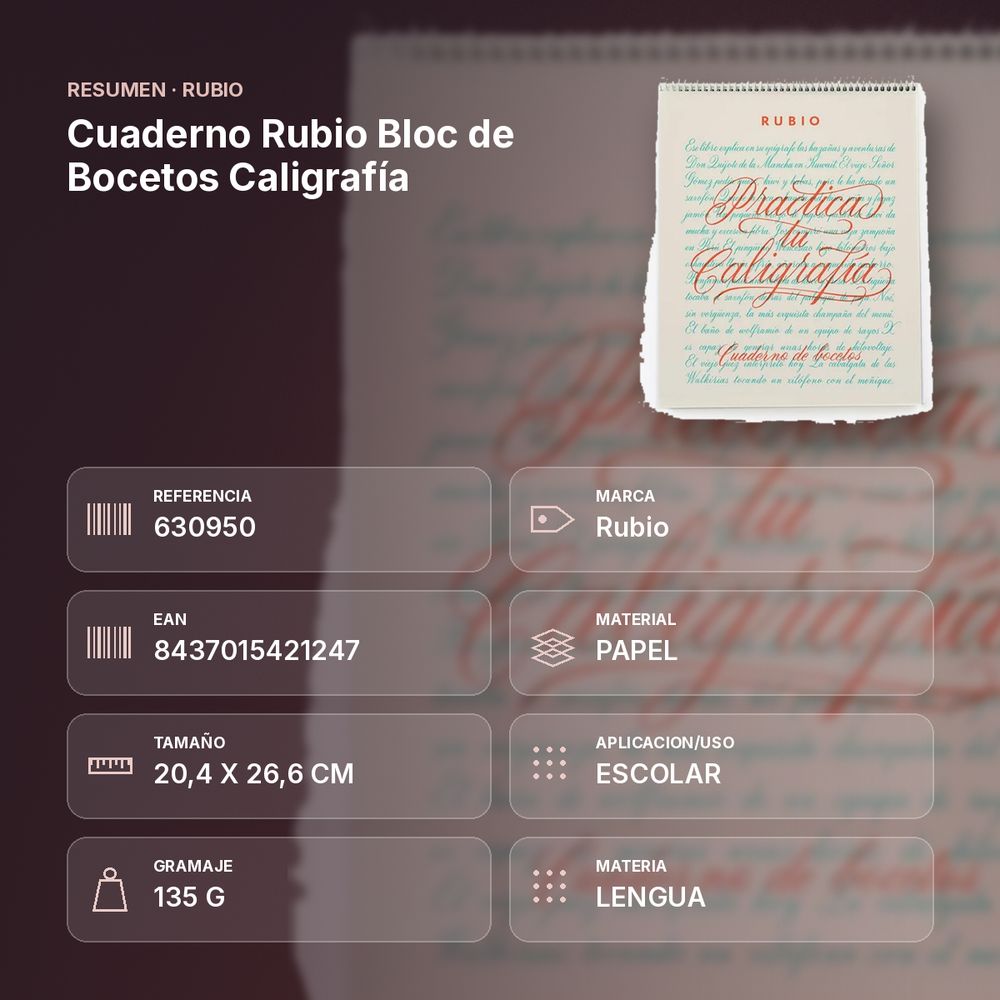 CUADERNO RUBIO BLOC DE BOCETOS CALIGRAFÍA - resumen de atributos