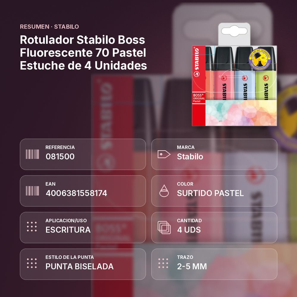 ROTULADOR STABILO BOSS FLUORESCENTE 70 PASTEL ESTUCHE DE 4 UNIDADES - resumen de atributos