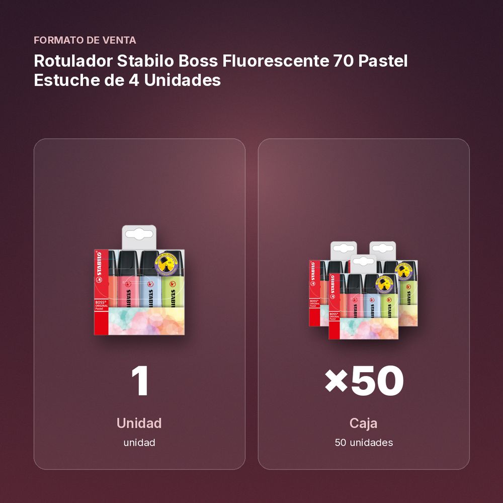 ROTULADOR STABILO BOSS FLUORESCENTE 70 PASTEL ESTUCHE DE 4 UNIDADES - formato de venta: caja de 50