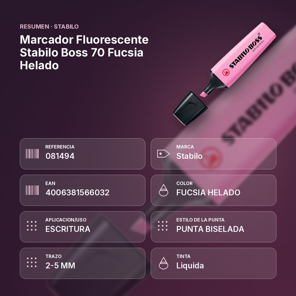 MARCADOR FLUORESCENTE STABILO BOSS 70 FUCSIA HELADO - resumen de atributos