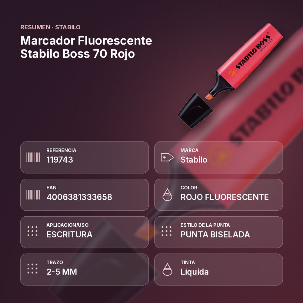 MARCADOR FLUORESCENTE STABILO BOSS 70 ROJO - resumen de atributos