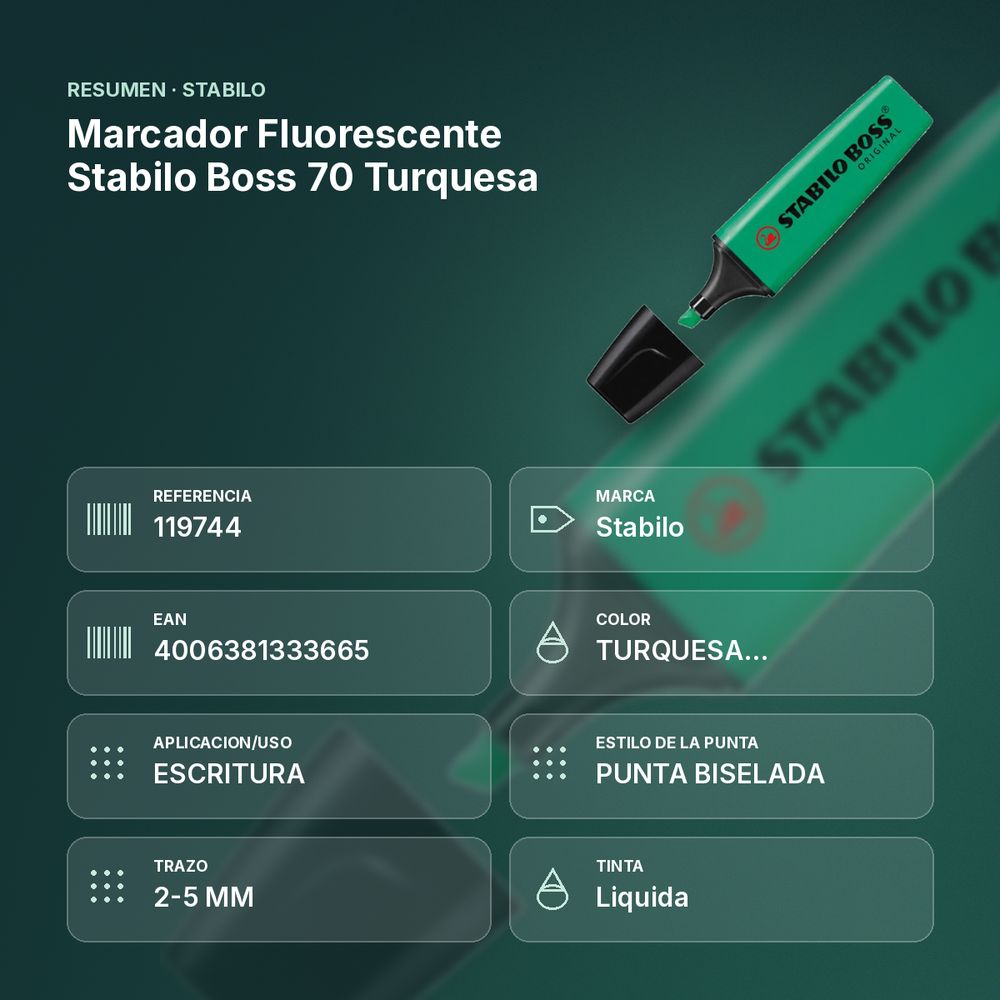 MARCADOR FLUORESCENTE STABILO BOSS 70 TURQUESA - resumen de atributos