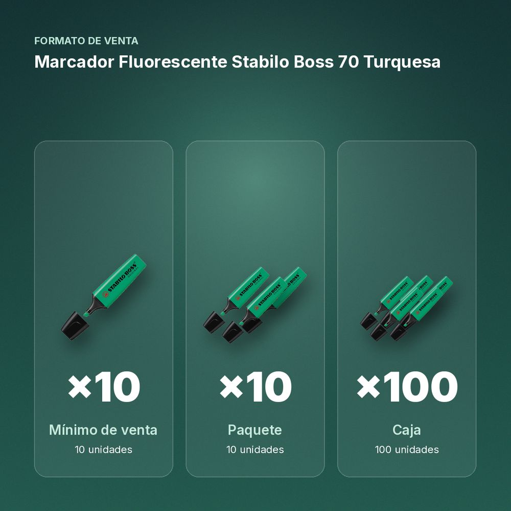 MARCADOR FLUORESCENTE STABILO BOSS 70 TURQUESA - formato de venta: paquete de 10, caja de 100