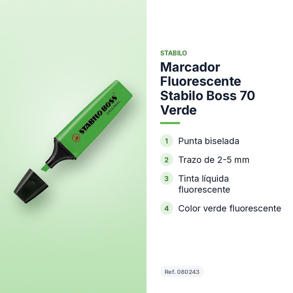 MARCADOR FLUORESCENTE STABILO BOSS 70 VERDE - características principales