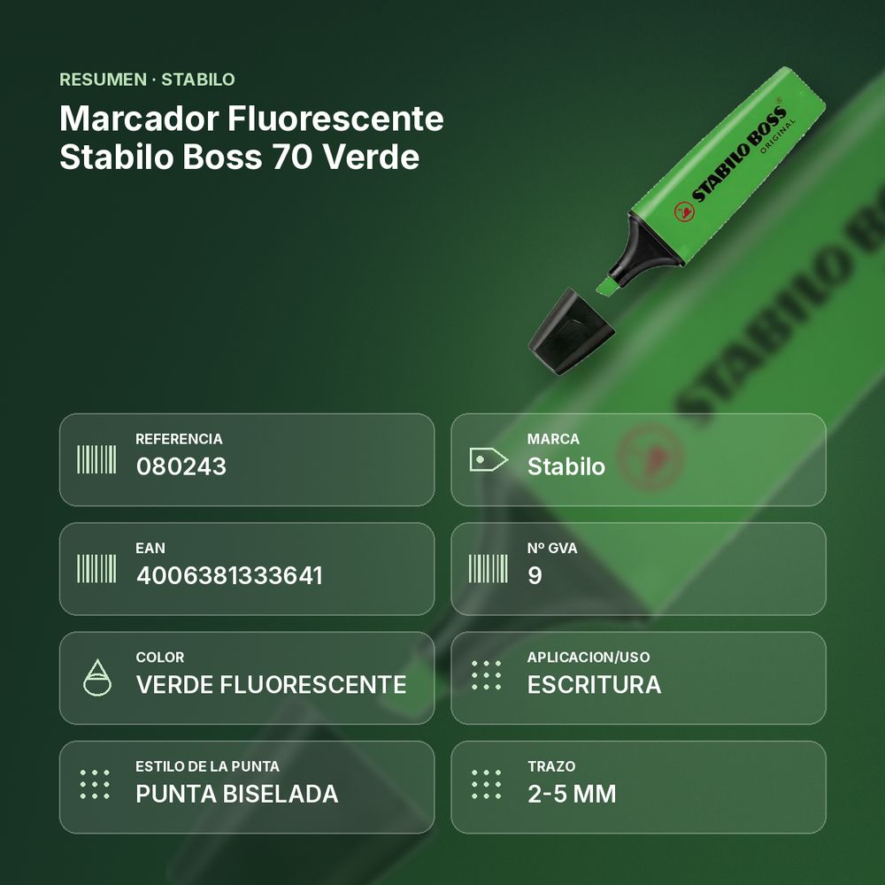 MARCADOR FLUORESCENTE STABILO BOSS 70 VERDE - resumen de atributos