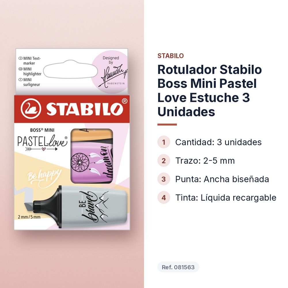 ROTULADOR STABILO BOSS MINI PASTEL LOVE ESTUCHE 3 UNIDADES - características principales