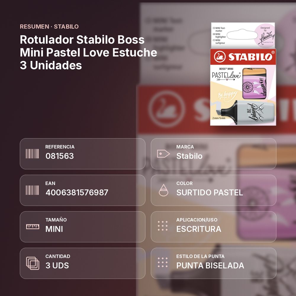 ROTULADOR STABILO BOSS MINI PASTEL LOVE ESTUCHE 3 UNIDADES - resumen de atributos