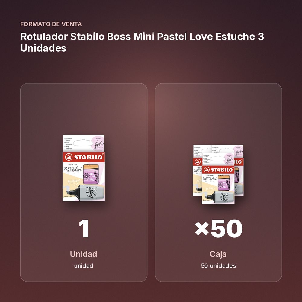 ROTULADOR STABILO BOSS MINI PASTEL LOVE ESTUCHE 3 UNIDADES - formato de venta: caja de 50