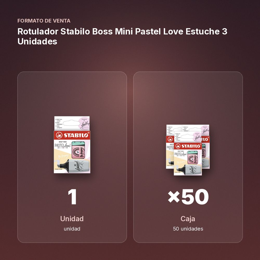 ROTULADOR STABILO BOSS MINI PASTEL LOVE ESTUCHE 3 UNIDADES - formato de venta: caja de 50
