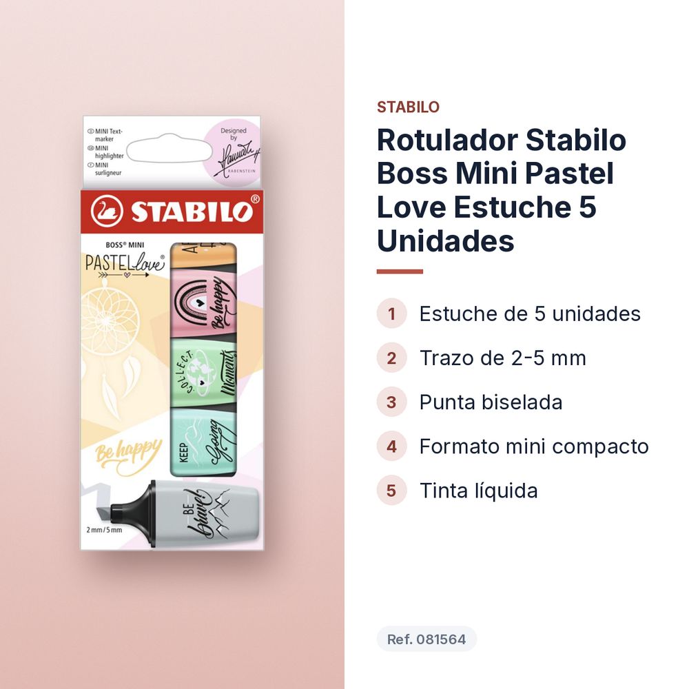 ROTULADOR STABILO BOSS MINI PASTEL LOVE ESTUCHE 5 UNIDADES - características principales