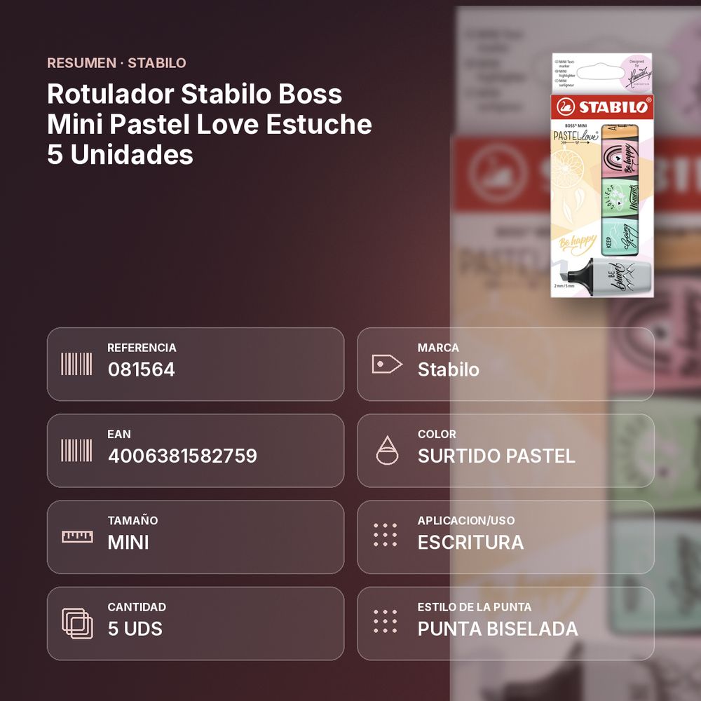 ROTULADOR STABILO BOSS MINI PASTEL LOVE ESTUCHE 5 UNIDADES - resumen de atributos