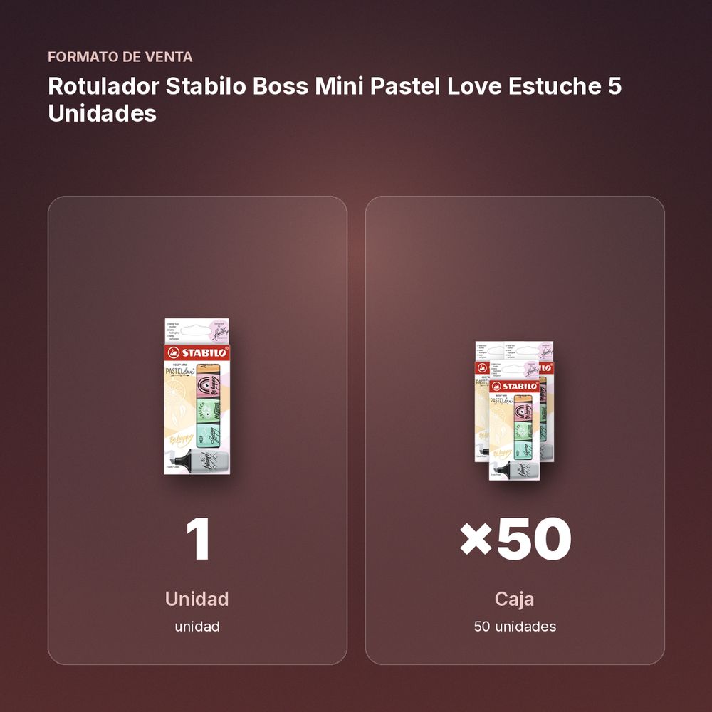ROTULADOR STABILO BOSS MINI PASTEL LOVE ESTUCHE 5 UNIDADES - formato de venta: caja de 50