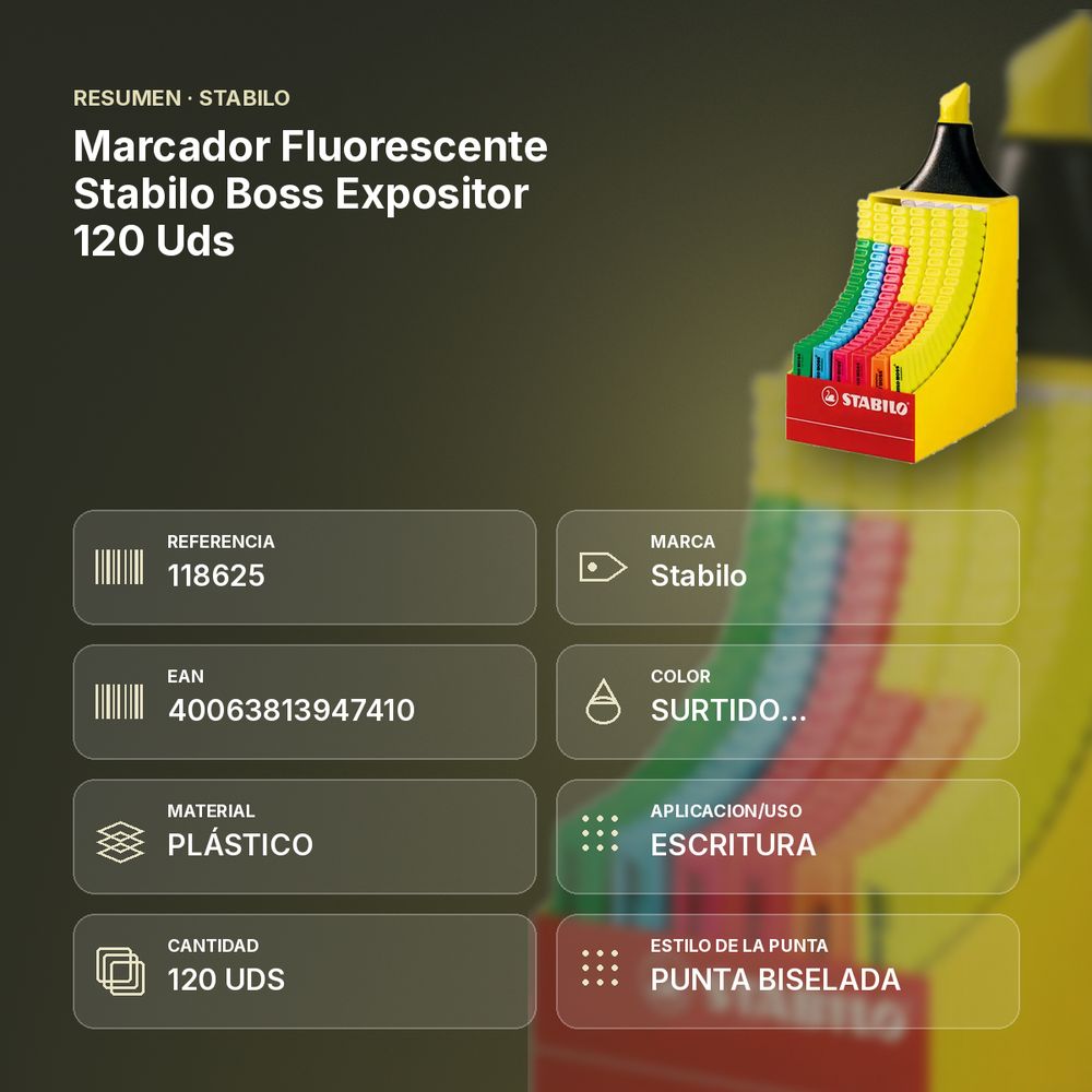 MARCADOR FLUORESCENTE STABILO BOSS EXPOSITOR 120 UDS - resumen de atributos