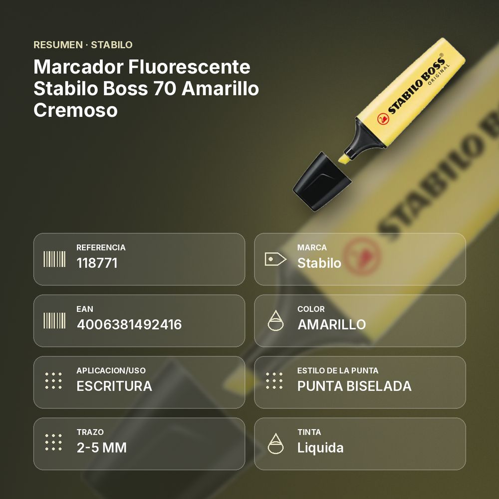 MARCADOR FLUORESCENTE STABILO BOSS 70 AMARILLO CREMOSO - resumen de atributos