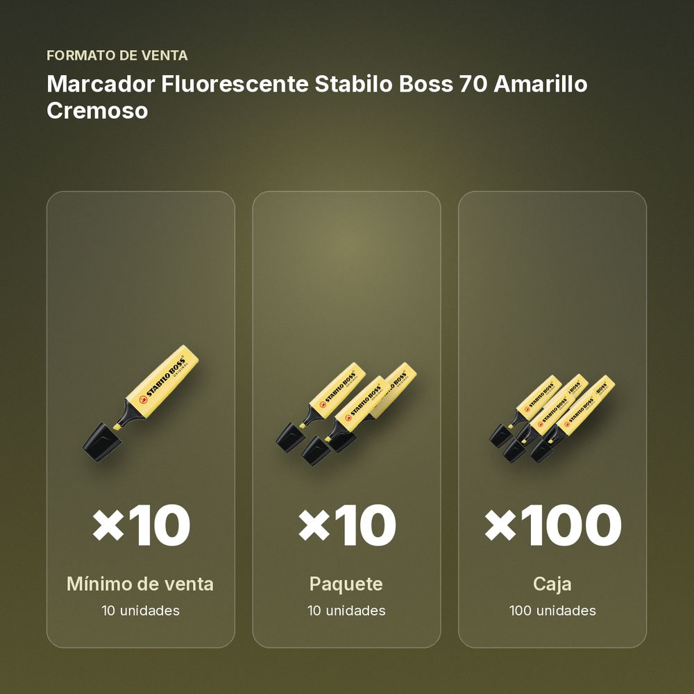 MARCADOR FLUORESCENTE STABILO BOSS 70 AMARILLO CREMOSO - formato de venta: paquete de 10, caja de 100