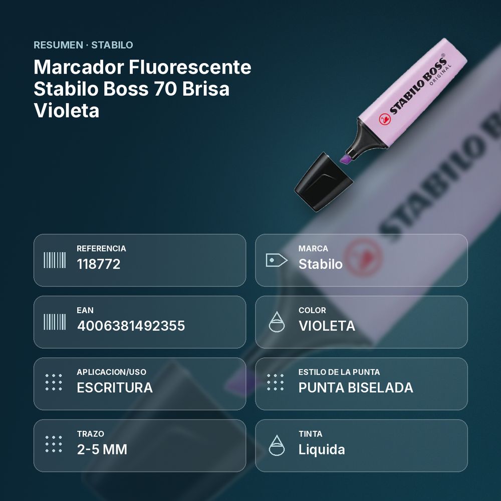 MARCADOR FLUORESCENTE STABILO BOSS 70 BRISA VIOLETA - resumen de atributos