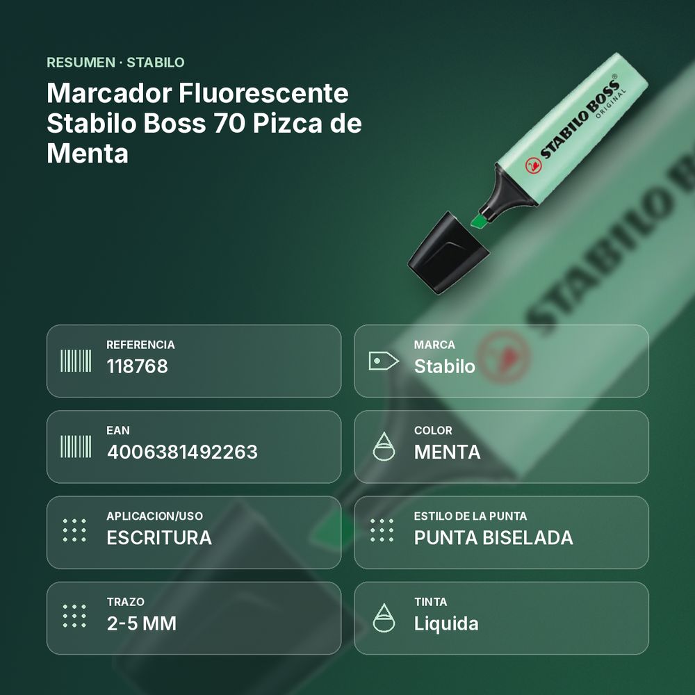 MARCADOR FLUORESCENTE STABILO BOSS 70 PIZCA DE MENTA - resumen de atributos