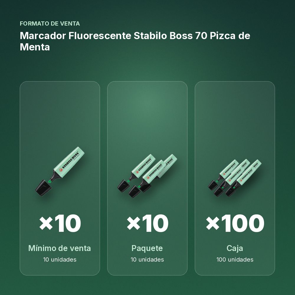 MARCADOR FLUORESCENTE STABILO BOSS 70 PIZCA DE MENTA - formato de venta: paquete de 10, caja de 100