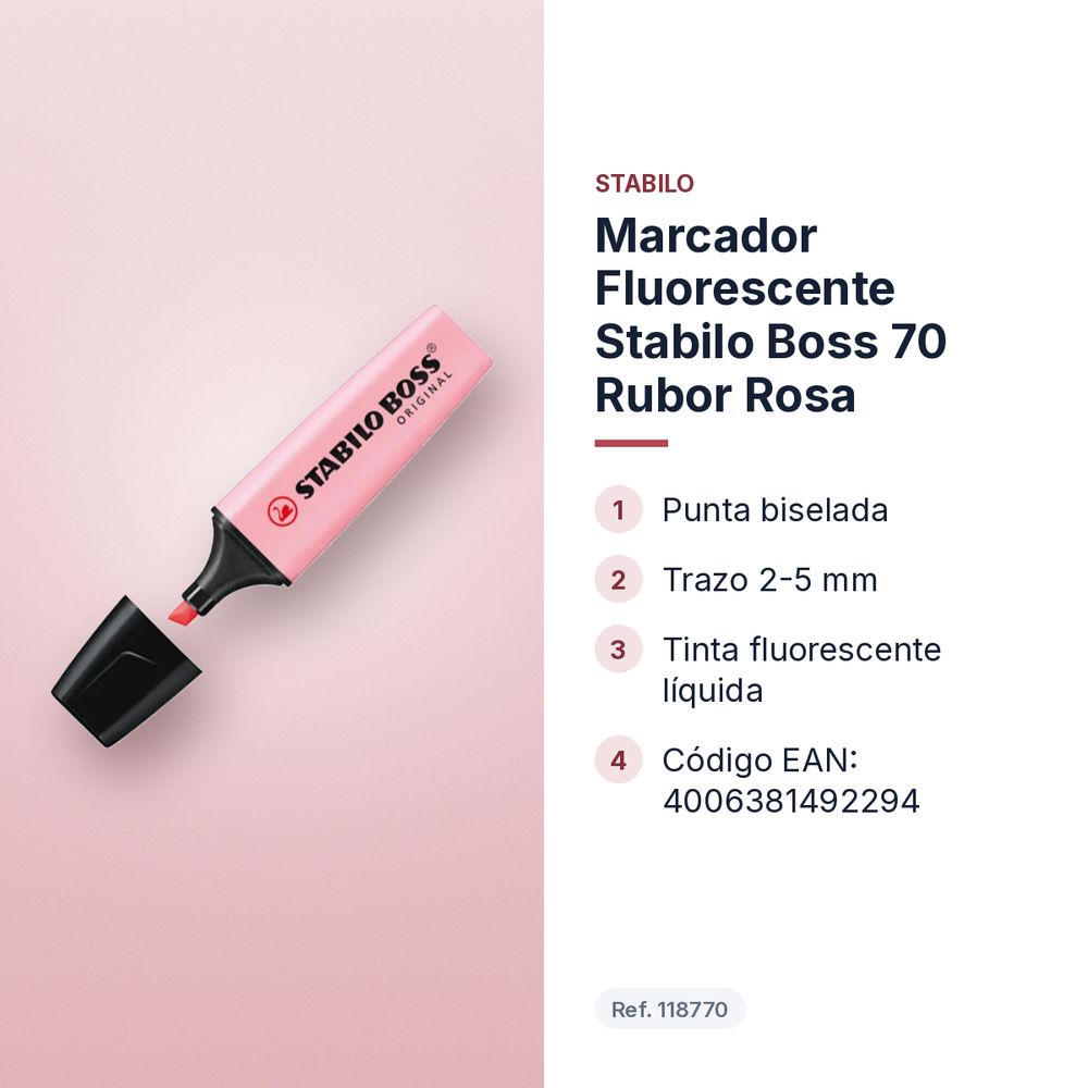 MARCADOR FLUORESCENTE STABILO BOSS 70 RUBOR ROSA - características principales