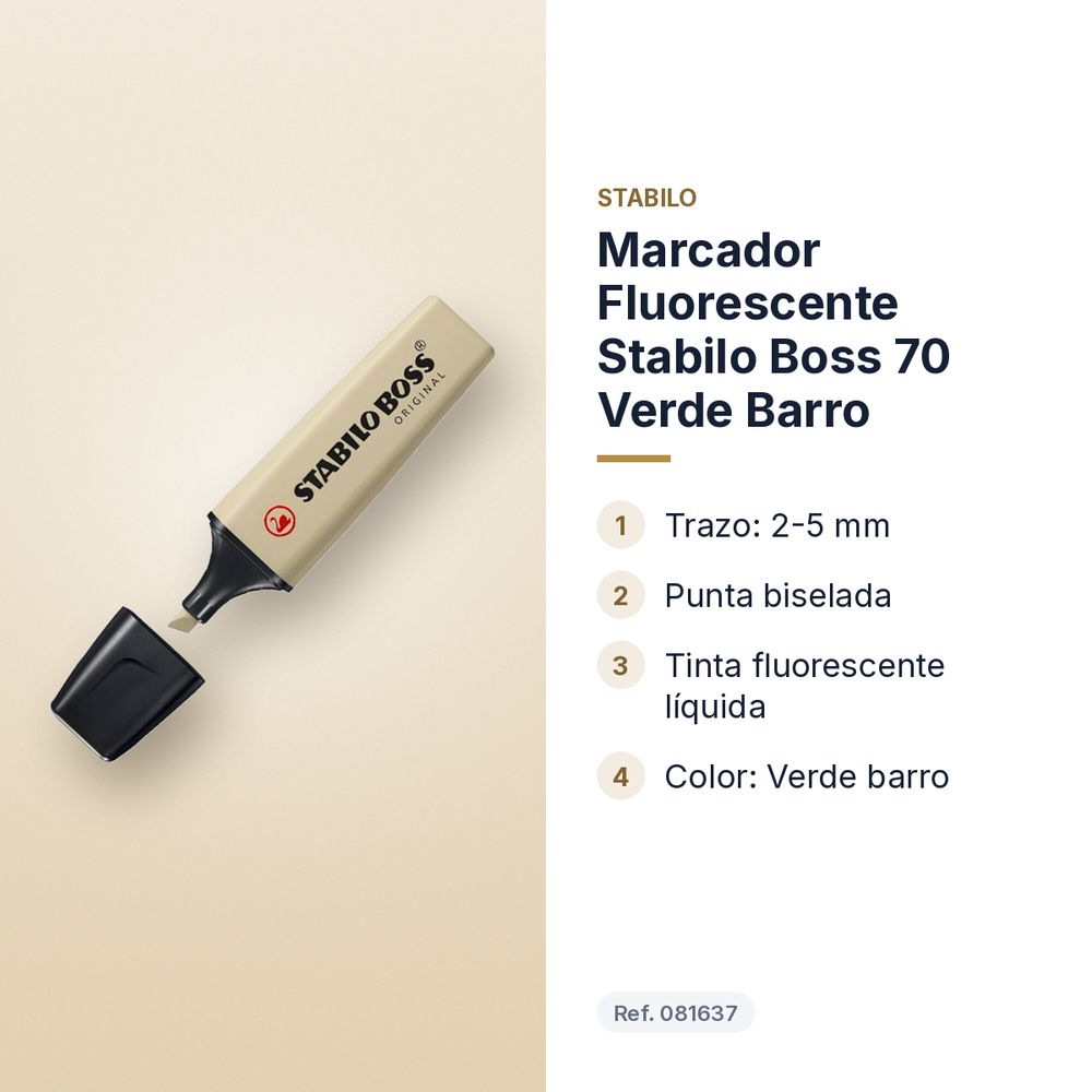 MARCADOR FLUORESCENTE STABILO BOSS 70 VERDE BARRO - características principales