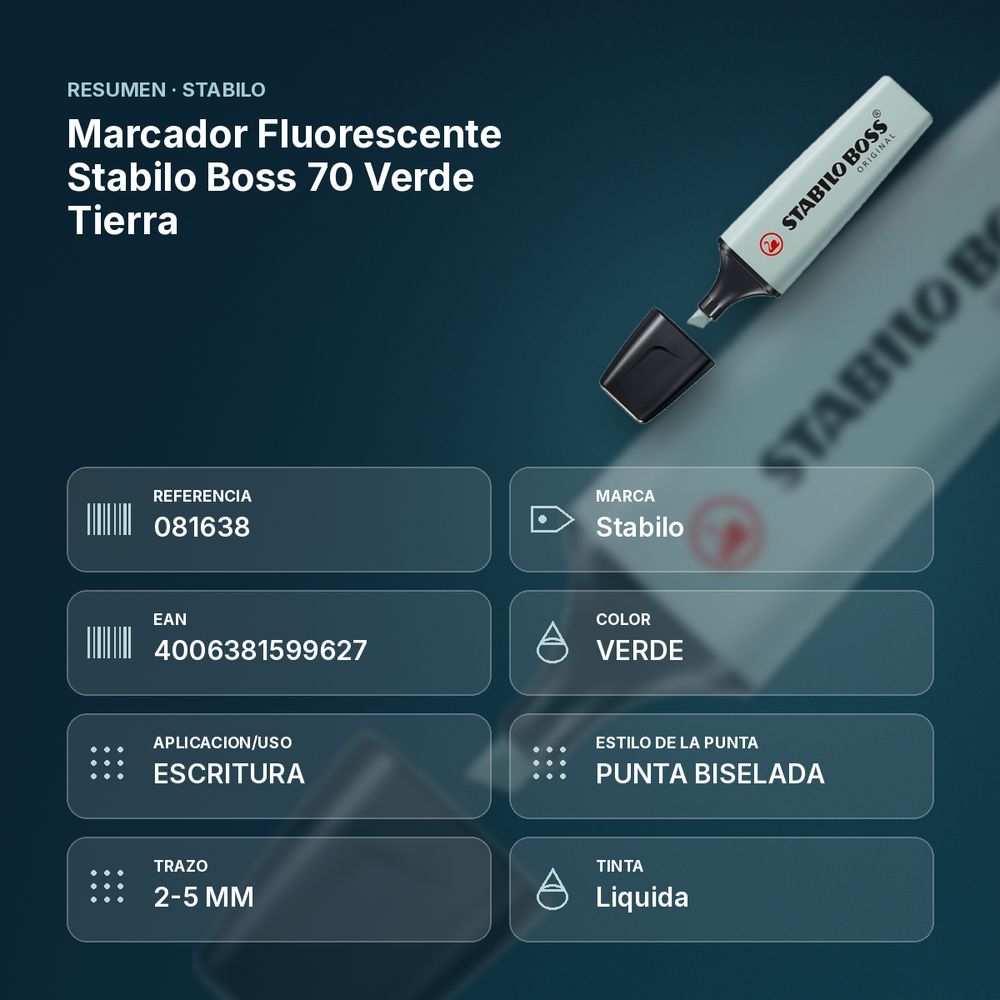 MARCADOR FLUORESCENTE STABILO BOSS 70 VERDE TIERRA - resumen de atributos