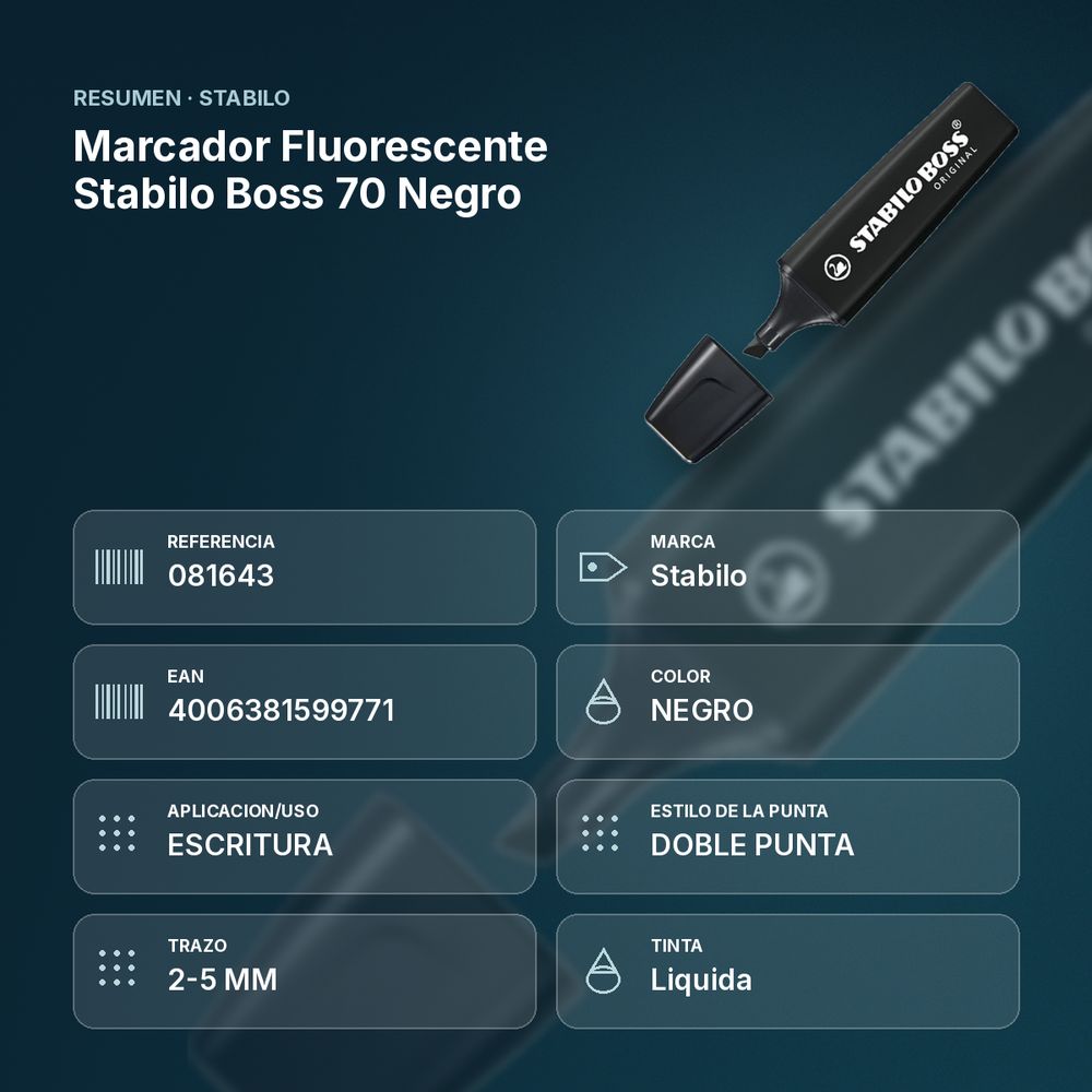 MARCADOR FLUORESCENTE STABILO BOSS 70 NEGRO - resumen de atributos