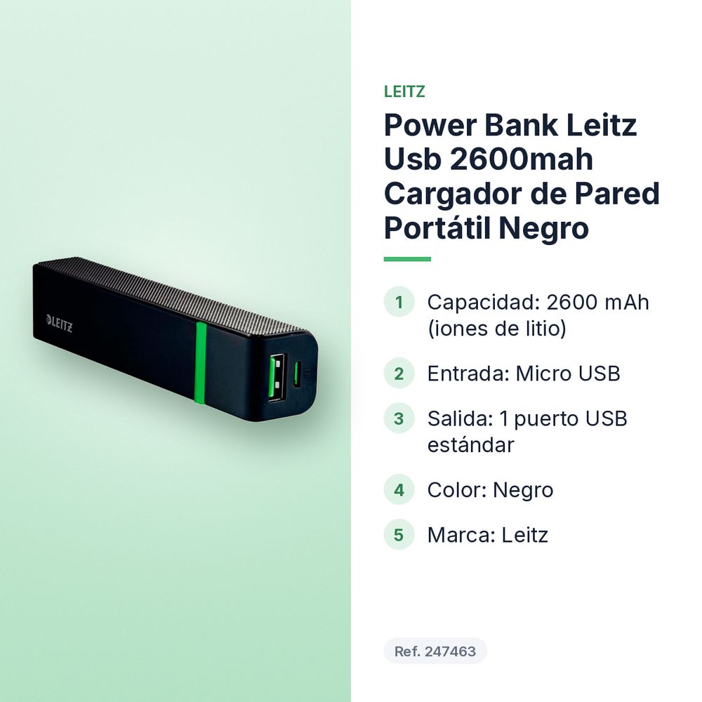 POWER BANK LEITZ USB 2600MAH CARGADOR DE PARED PORTÁTIL NEGRO - características principales