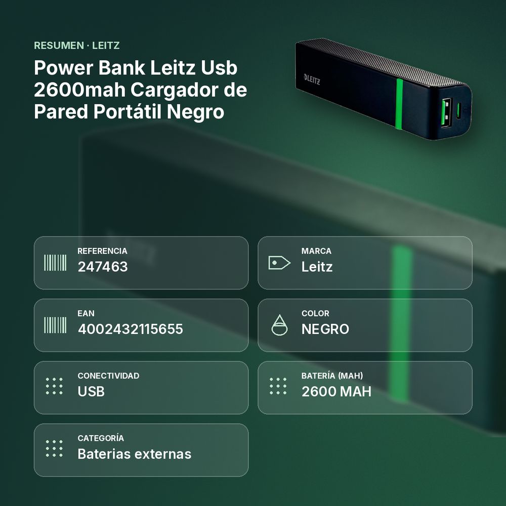 POWER BANK LEITZ USB 2600MAH CARGADOR DE PARED PORTÁTIL NEGRO - resumen de atributos