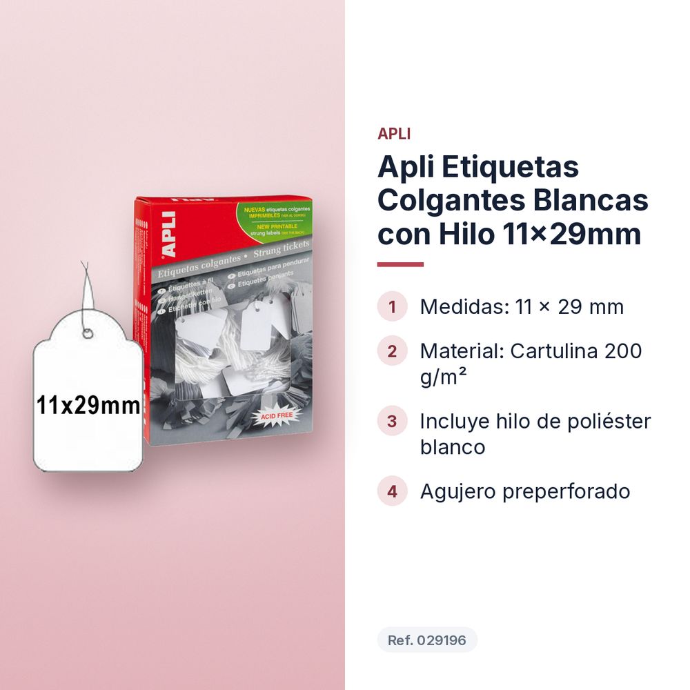 APLI ETIQUETAS COLGANTES BLANCAS CON HILO 11X29MM  - características principales