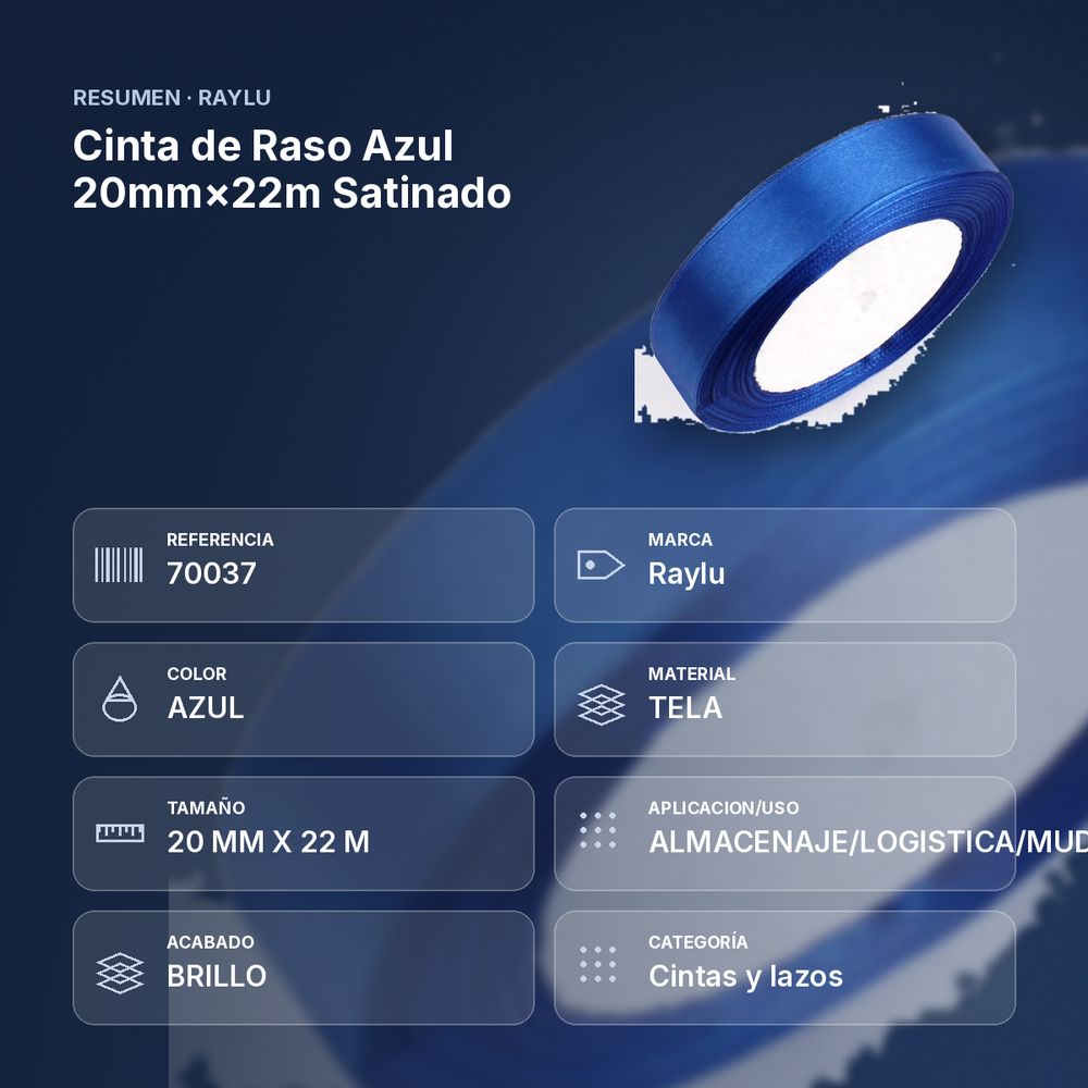 CINTA DE RASO AZUL 20MM×22M SATINADO - resumen de atributos