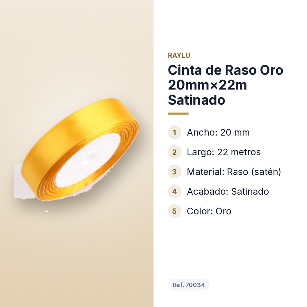 CINTA DE RASO ORO 20MM×22M SATINADO - características principales