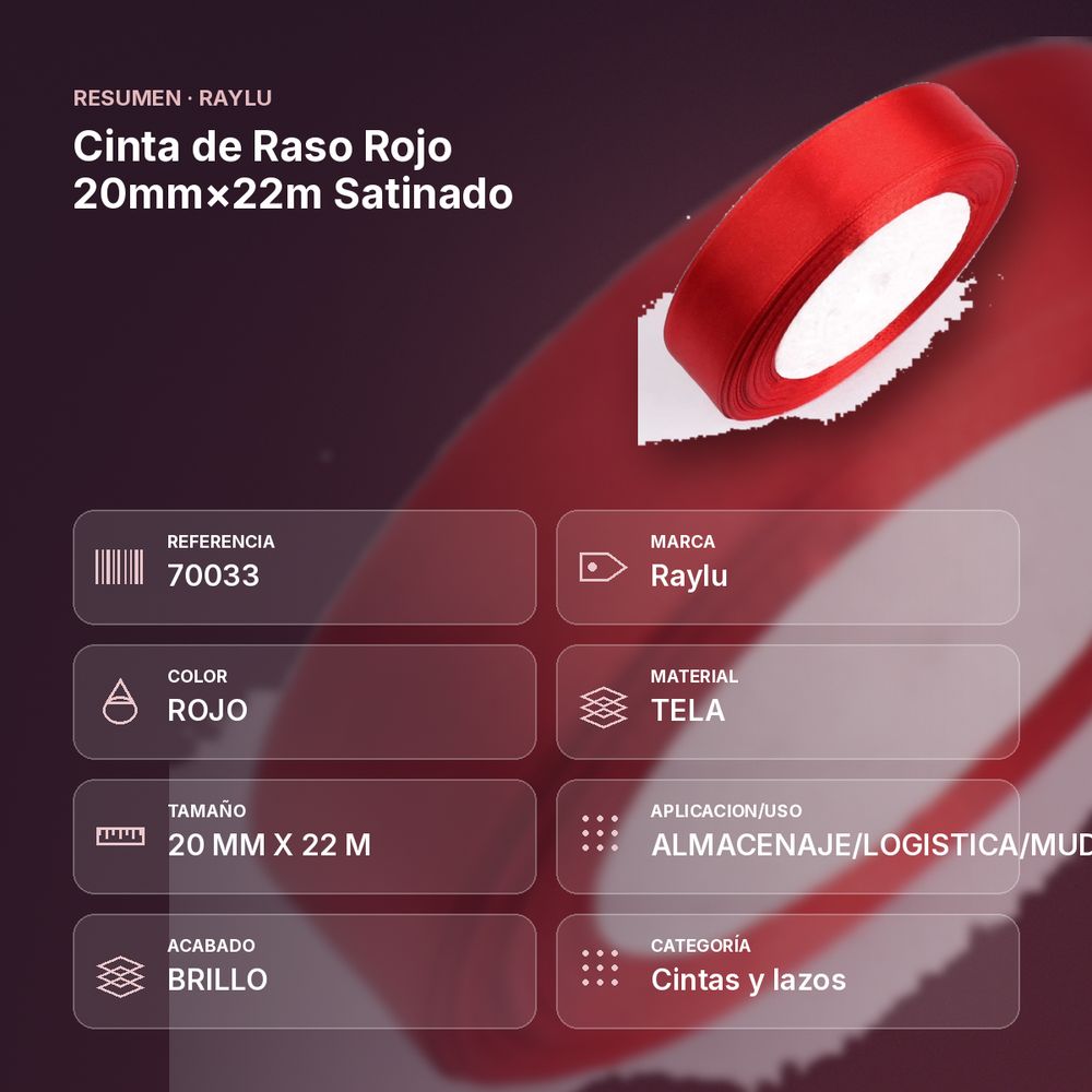CINTA DE RASO ROJO 20MM×22M SATINADO - resumen de atributos