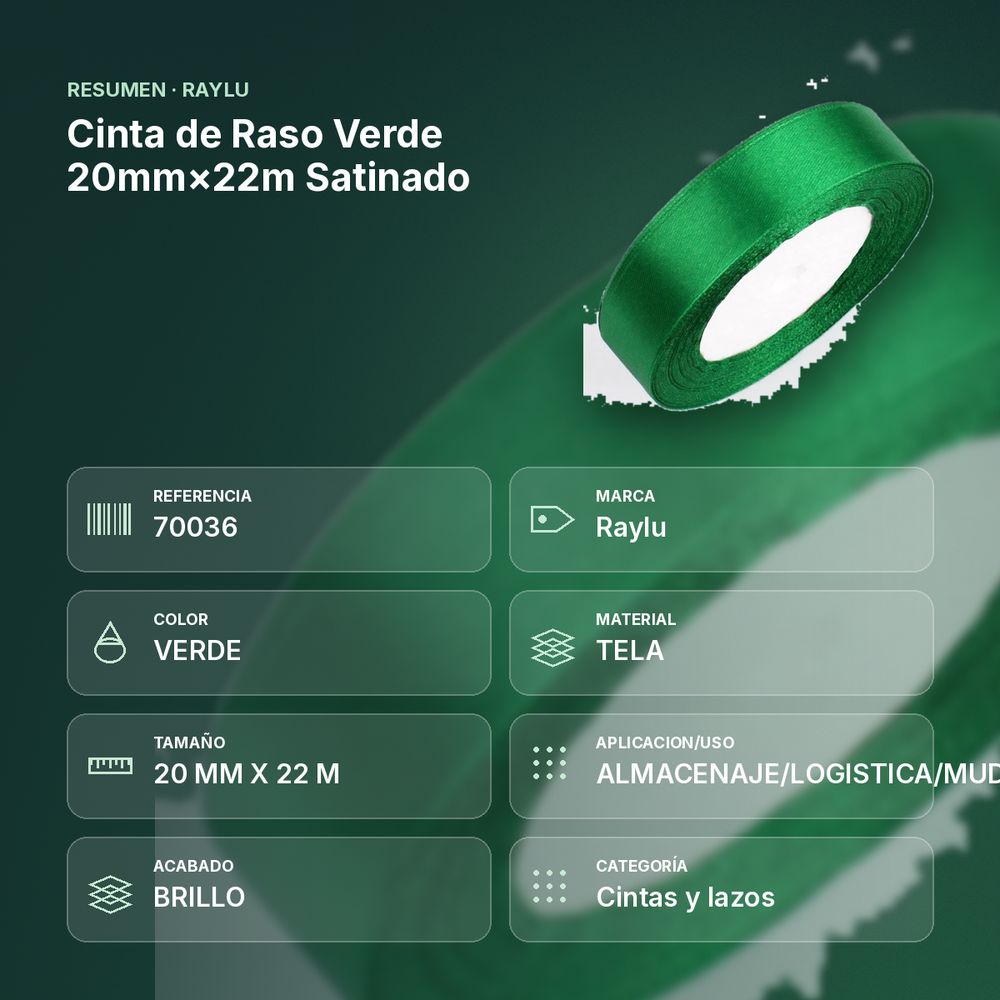 CINTA DE RASO VERDE 20MM×22M SATINADO - resumen de atributos