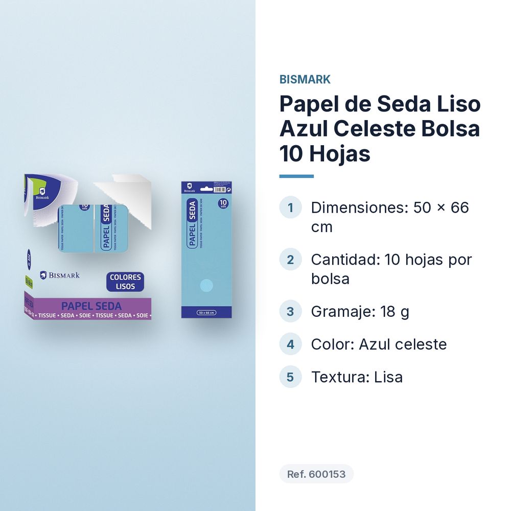 PAPEL DE SEDA LISO AZUL CELESTE BOLSA 10 HOJAS - características principales