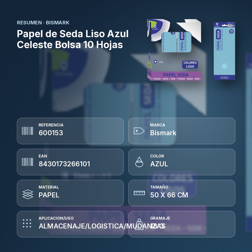 PAPEL DE SEDA LISO AZUL CELESTE BOLSA 10 HOJAS - resumen de atributos